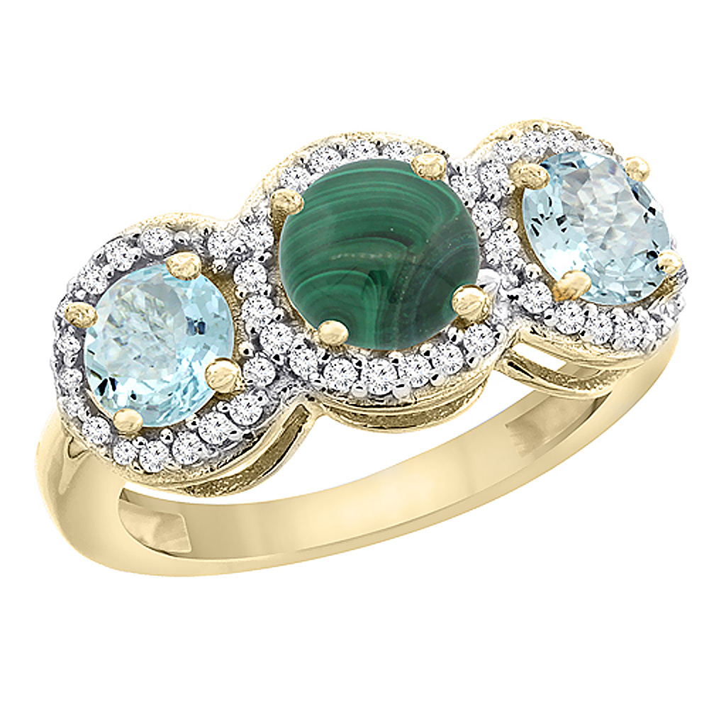 14K Yellow Gold Natural Malachite &amp; Aquamarine Sides Round 3-stone Ring Diamond Accents, sizes 5 - 10