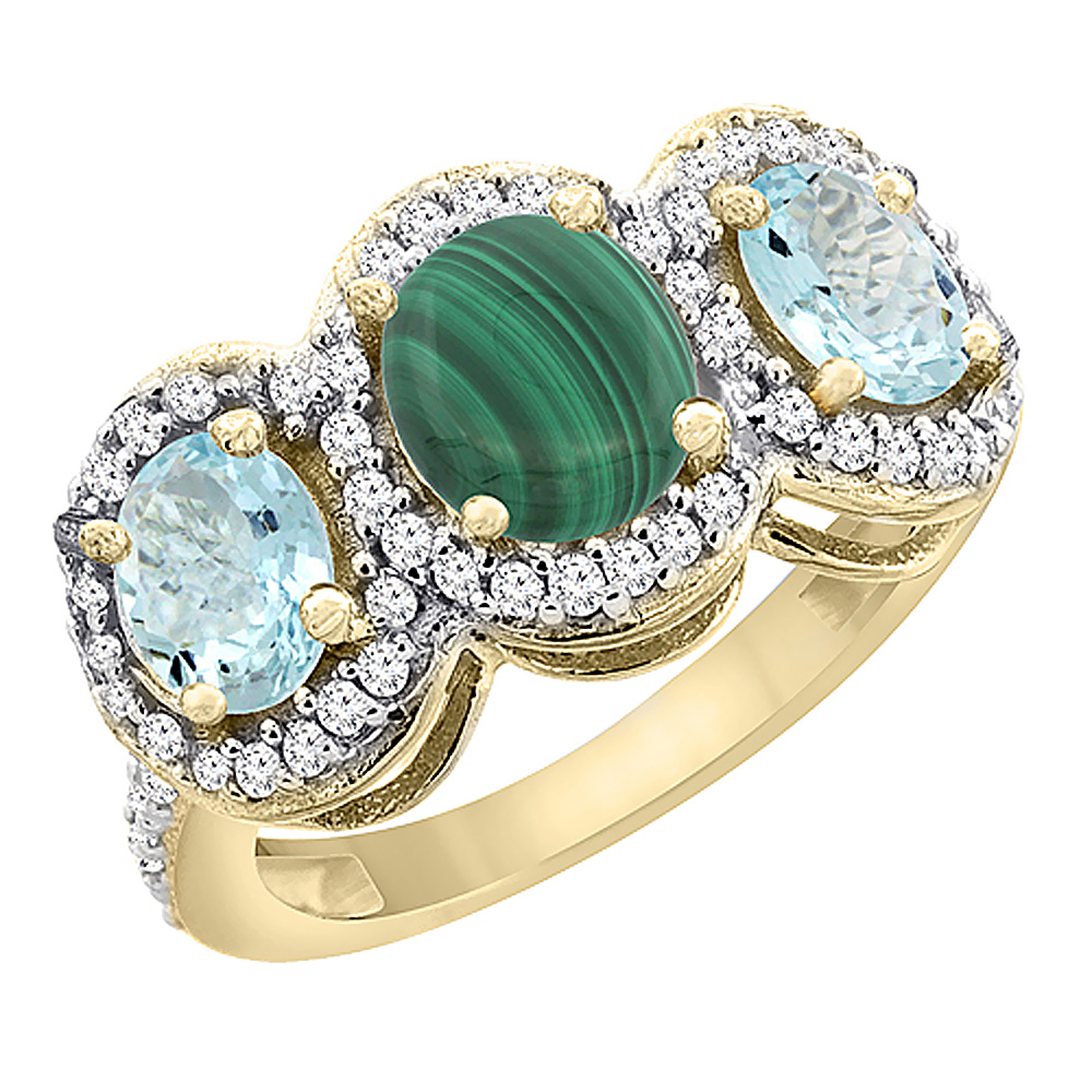 14K Yellow Gold Natural Malachite & Aquamarine 3-Stone Ring Oval Diamond Accent, sizes 5 - 10