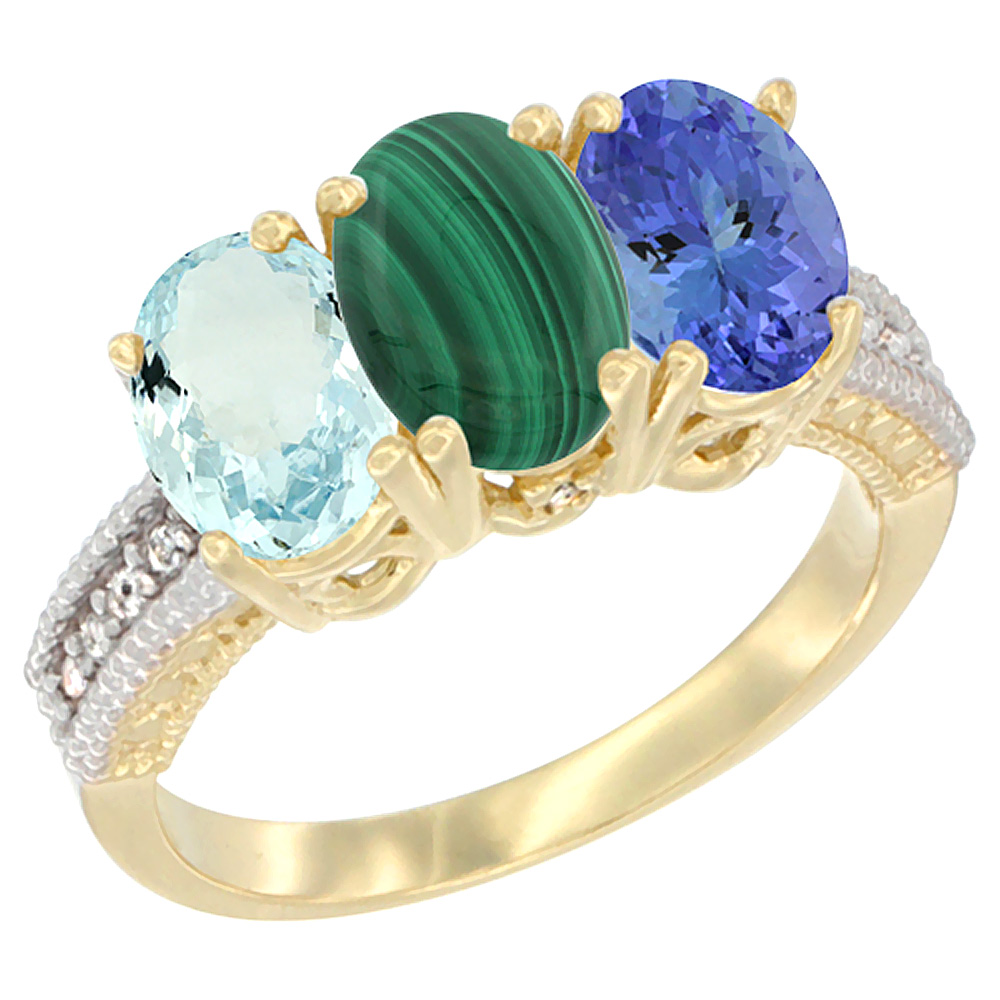 14K Yellow Gold Natural Aquamarine, Malachite & Tanzanite Ring 3-Stone Oval 7x5 mm Diamond Accent, sizes 5 - 10