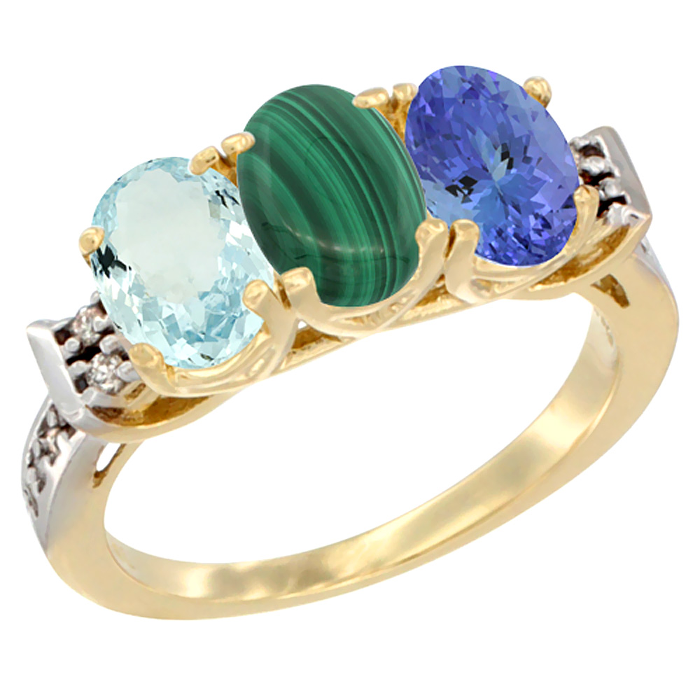 10K Yellow Gold Natural Aquamarine, Malachite & Tanzanite Ring 3-Stone Oval 7x5 mm Diamond Accent, sizes 5 - 10