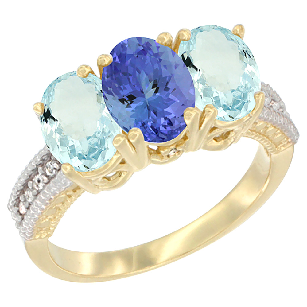 14K Yellow Gold Natural Tanzanite & Aquamarine Sides Ring 3-Stone Oval 7x5 mm Diamond Accent, sizes 5 - 10