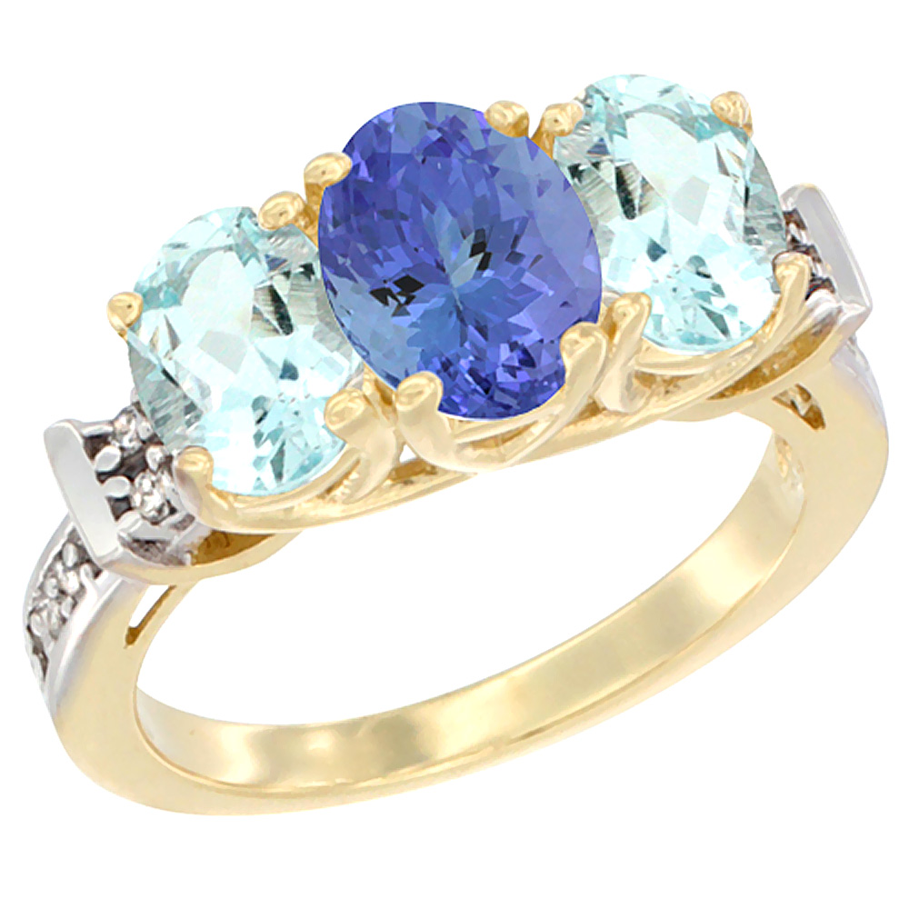 10K Yellow Gold Natural Tanzanite &amp; Aquamarine Sides Ring 3-Stone Oval Diamond Accent, sizes 5 - 10