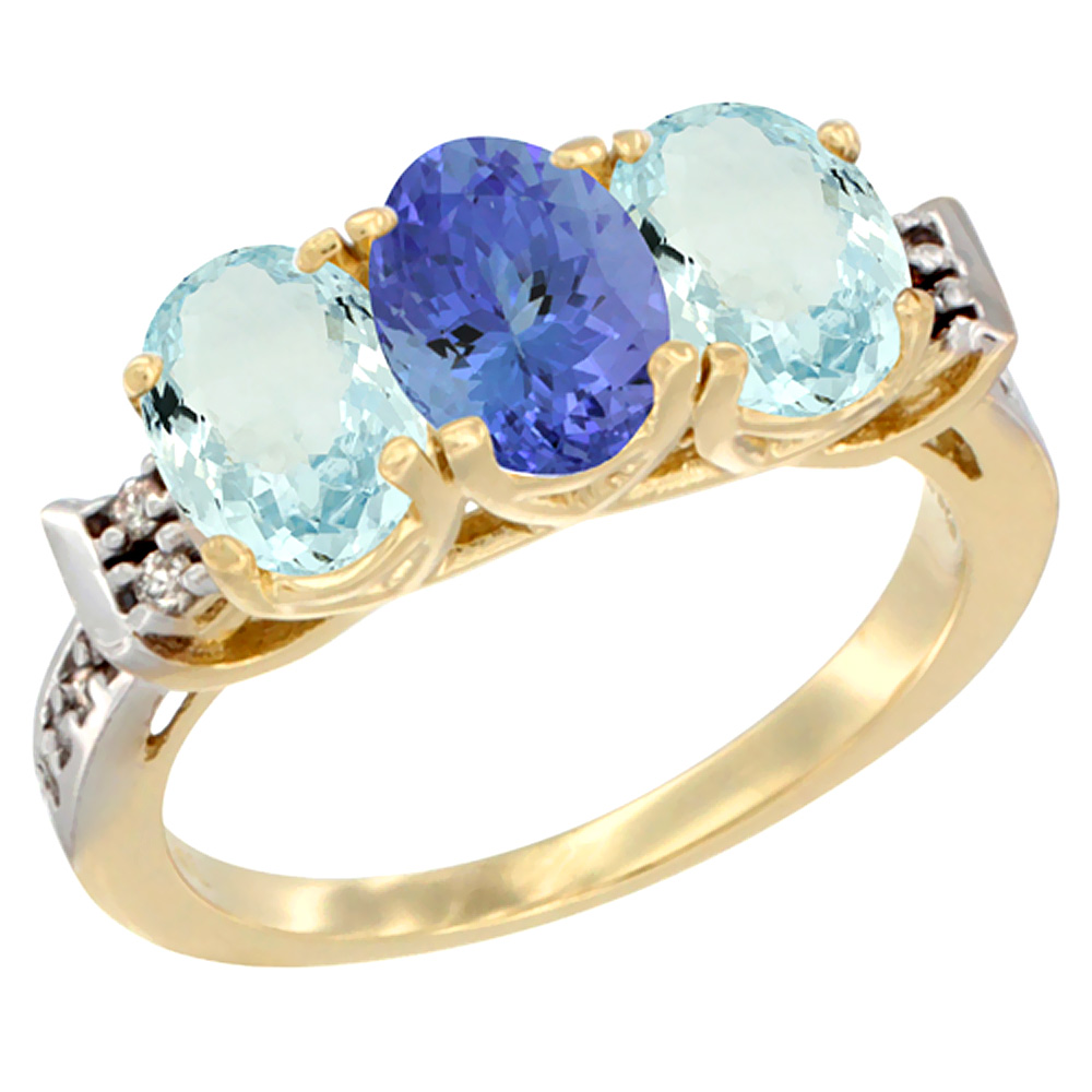 10K Yellow Gold Natural Tanzanite &amp; Aquamarine Sides Ring 3-Stone Oval 7x5 mm Diamond Accent, sizes 5 - 10