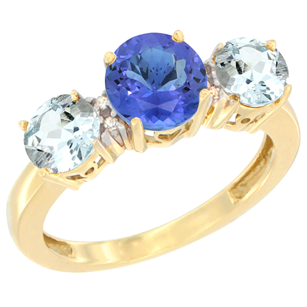 10K Yellow Gold Round 3-Stone Natural Tanzanite Ring &amp; Aquamarine Sides Diamond Accent, sizes 5 - 10