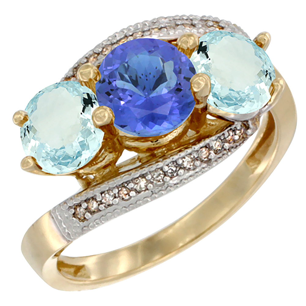 10K Yellow Gold Natural Tanzanite & Aquamarine Sides 3 stone Ring Round 6mm Diamond Accent, sizes 5 - 10