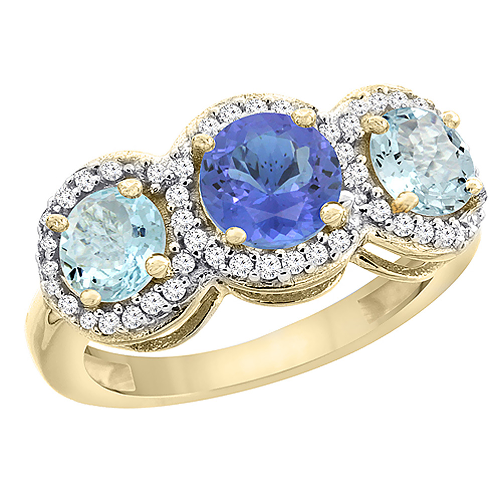 10K Yellow Gold Natural Tanzanite & Aquamarine Sides Round 3-stone Ring Diamond Accents, sizes 5 - 10