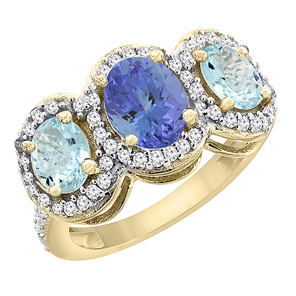 10K Yellow Gold Natural Tanzanite & Aquamarine 3-Stone Ring Oval Diamond Accent, sizes 5 - 10