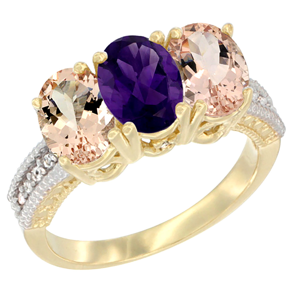 10K Yellow Gold Natural Amethyst &amp; Morganite Ring 3-Stone Oval 7x5 mm, sizes 5 - 10
