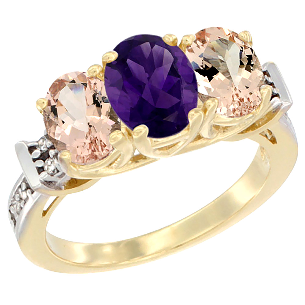 14K Yellow Gold Natural Amethyst & Morganite Sides Ring 3-Stone Oval Diamond Accent, sizes 5 - 10
