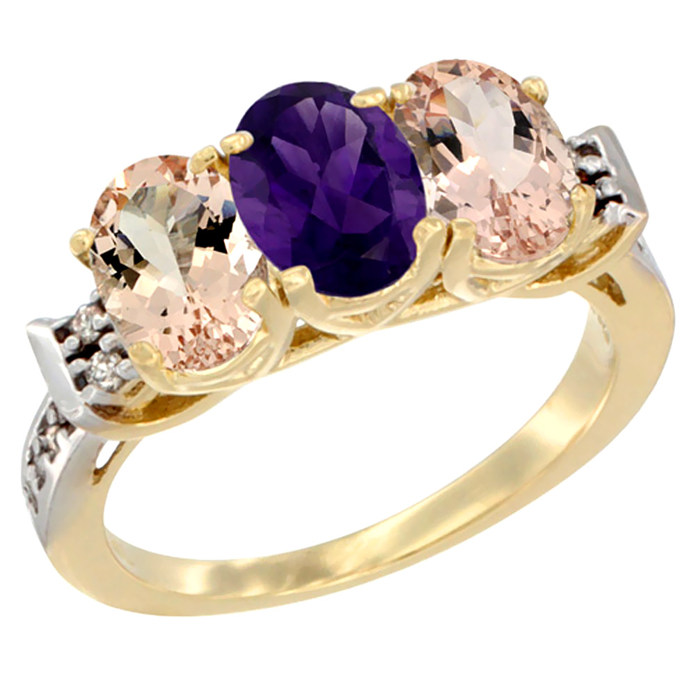 10K Yellow Gold Natural Amethyst &amp; Morganite Sides Ring 3-Stone Oval 7x5 mm Diamond Accent, sizes 5 - 10