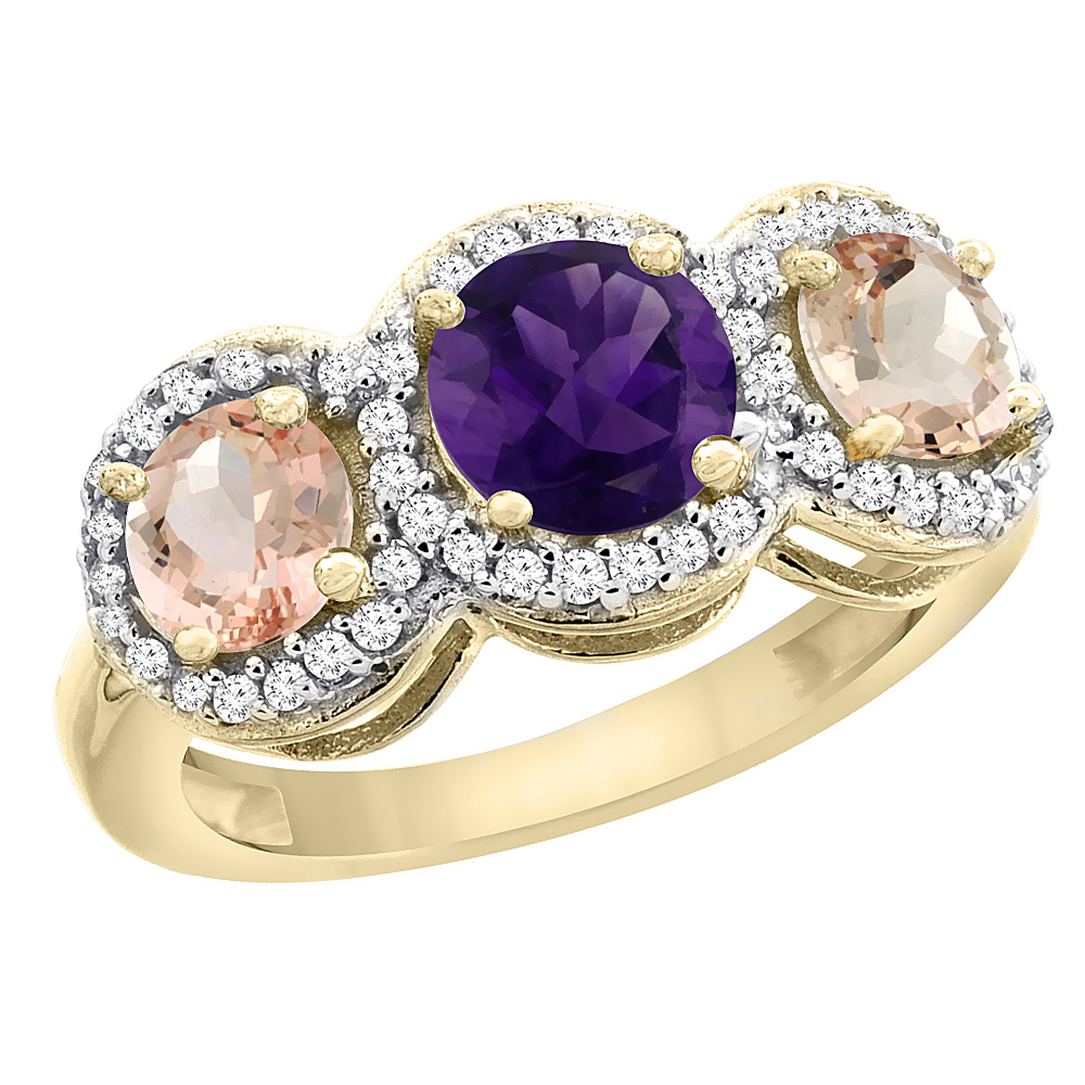 14K Yellow Gold Natural Amethyst & Morganite Sides Round 3-stone Ring Diamond Accents, sizes 5 - 10