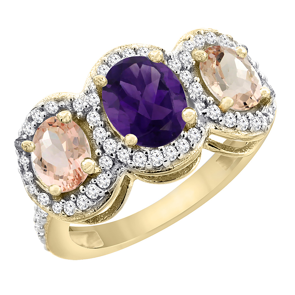 14K Yellow Gold Natural Amethyst & Morganite 3-Stone Ring Oval Diamond Accent, sizes 5 - 10