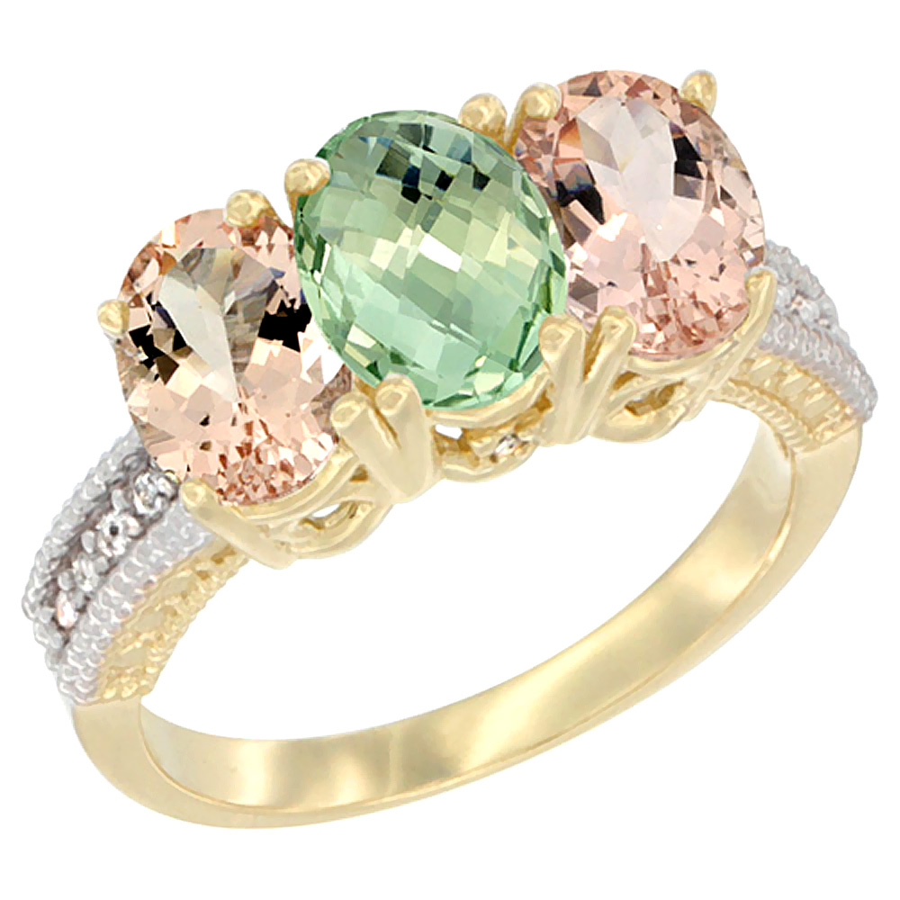 14K Yellow Gold Natural Green Amethyst & Morganite Sides Ring 3-Stone Oval 7x5 mm Diamond Accent, sizes 5 - 10