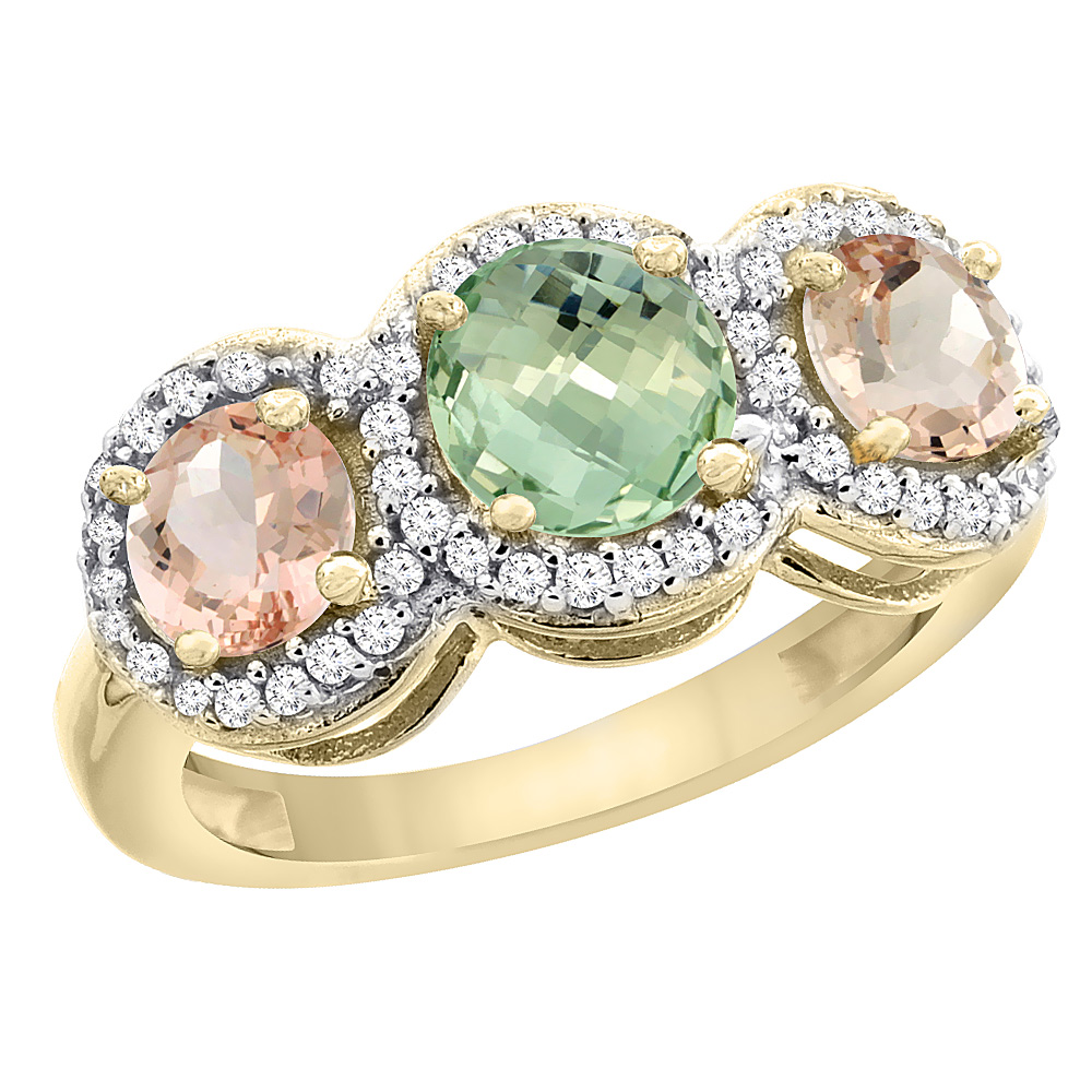 14K Yellow Gold Natural Green Amethyst &amp; Morganite Sides Round 3-stone Ring Diamond Accents, sizes 5 - 10