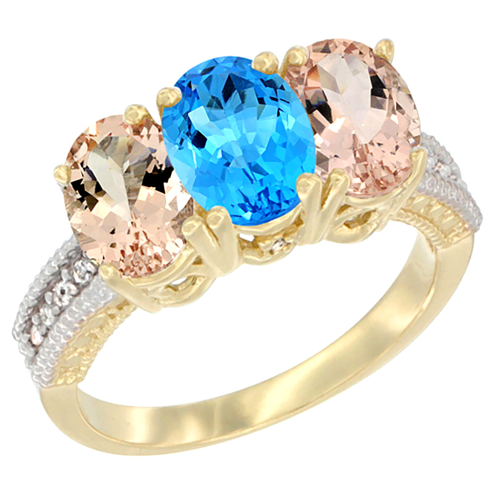 14K Yellow Gold Natural Swiss Blue Topaz &amp; Morganite Sides Ring 3-Stone Oval 7x5 mm Diamond Accent, sizes 5 - 10