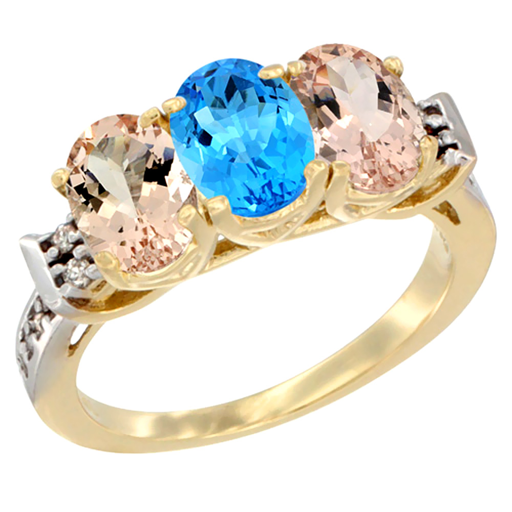 14K Yellow Gold Natural Swiss Blue Topaz & Morganite Sides Ring 3-Stone Oval 7x5 mm Diamond Accent, sizes 5 - 10