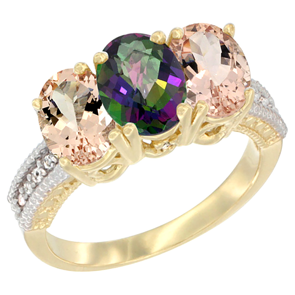 14K Yellow Gold Natural Mystic Topaz & Morganite Sides Ring 3-Stone Oval 7x5 mm Diamond Accent, sizes 5 - 10