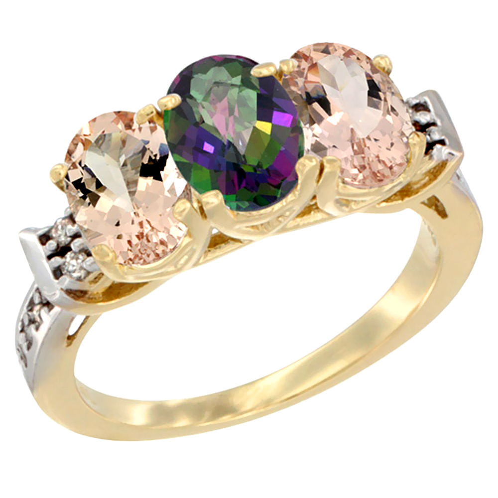 14K Yellow Gold Natural Mystic Topaz &amp; Morganite Sides Ring 3-Stone Oval 7x5 mm Diamond Accent, sizes 5 - 10