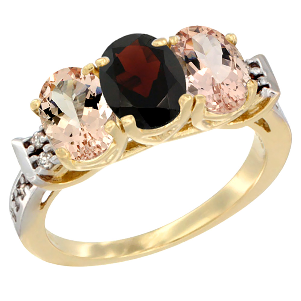 14K Yellow Gold Natural Garnet & Morganite Sides Ring 3-Stone Oval 7x5 mm Diamond Accent, sizes 5 - 10