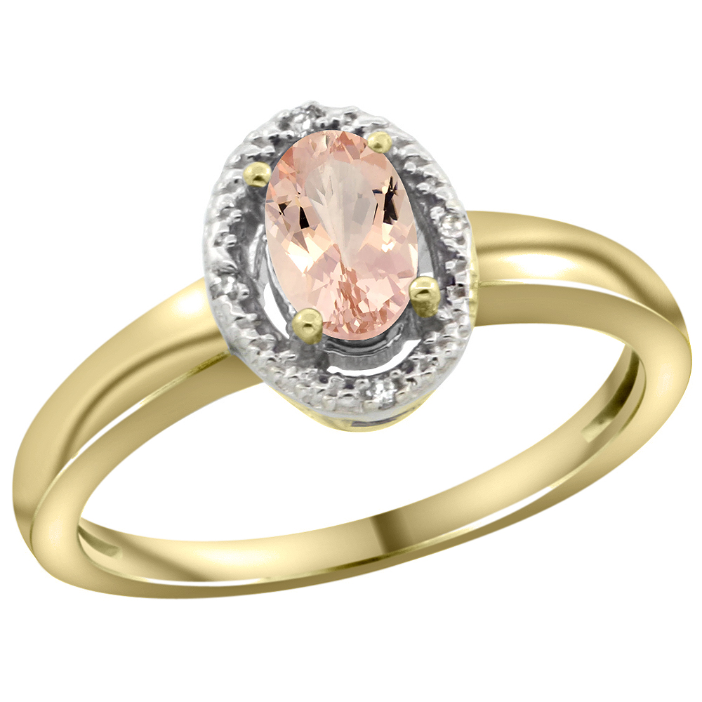 10K Yellow Gold Diamond Halo Natural Morganite Engagement Ring Oval 6X4 mm, sizes 5-10