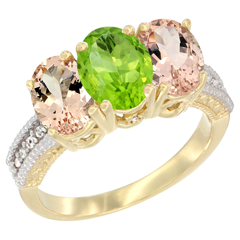 10K Yellow Gold Natural Peridot & Morganite Ring 3-Stone Oval 7x5 mm, sizes 5 - 10