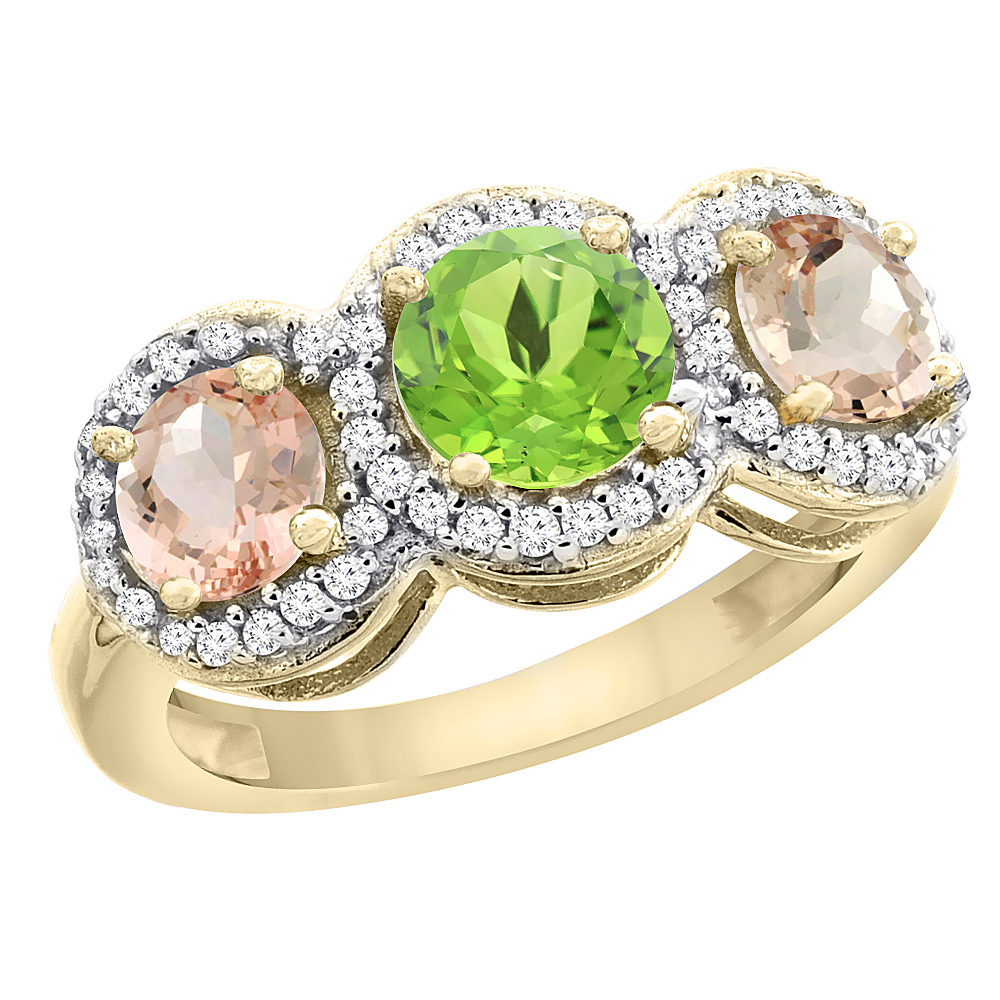 14K Yellow Gold Natural Peridot & Morganite Sides Round 3-stone Ring Diamond Accents, sizes 5 - 10