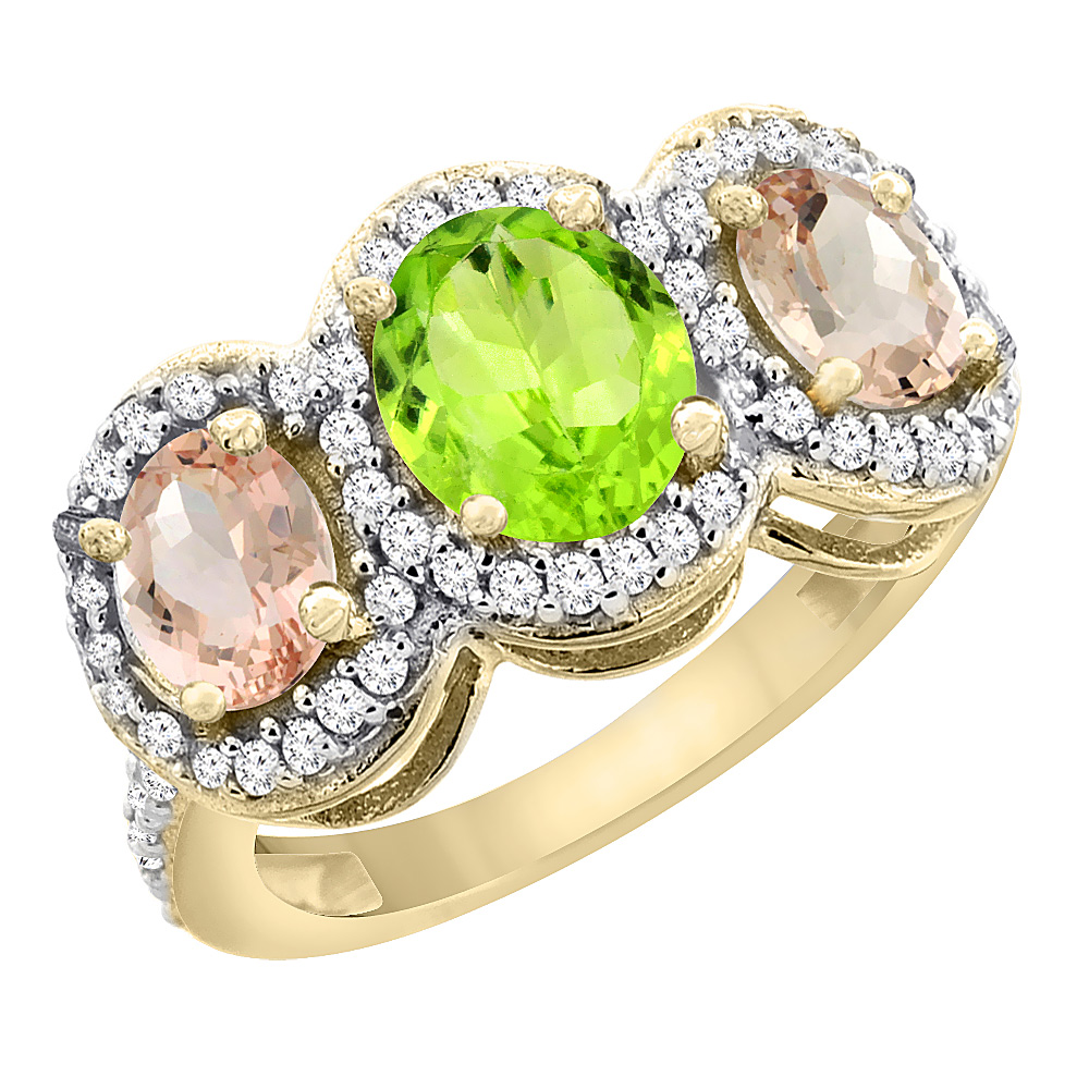 10K Yellow Gold Natural Peridot & Morganite 3-Stone Ring Oval Diamond Accent, sizes 5 - 10