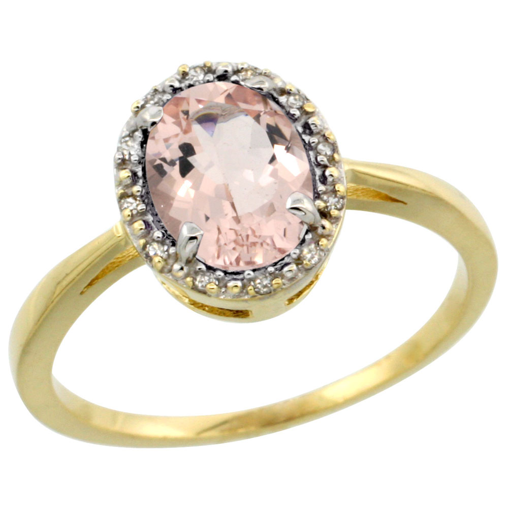 14K Yellow Gold Natural Morganite Ring Oval 8x6 mm Diamond Halo, sizes 5-10