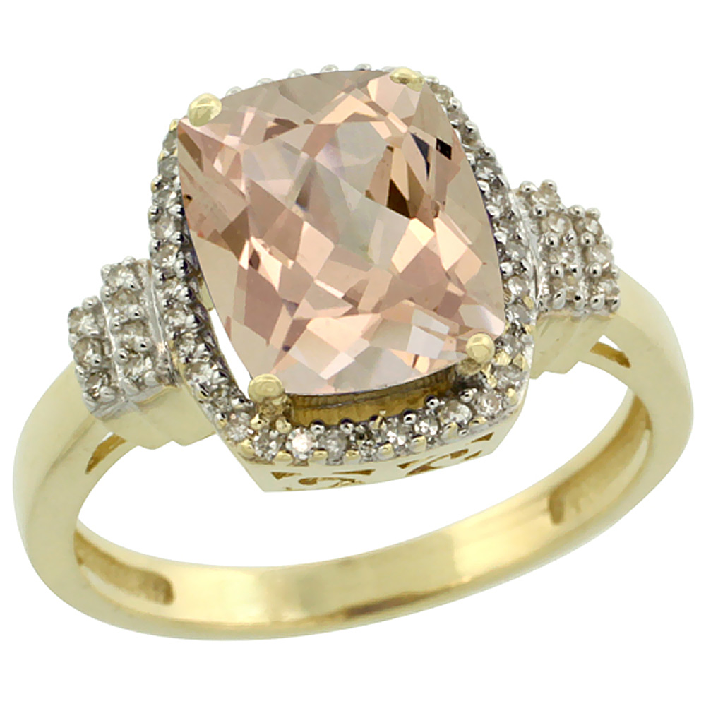 10k Yellow Gold Natural Morganite Ring Cushion-cut 9x7mm Diamond Halo, sizes 5-10