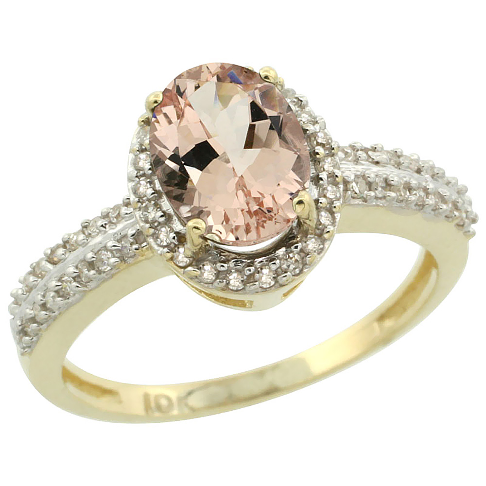 10k Yellow Gold Natural Morganite Ring Oval 8x6mm Diamond Halo, sizes 5-10