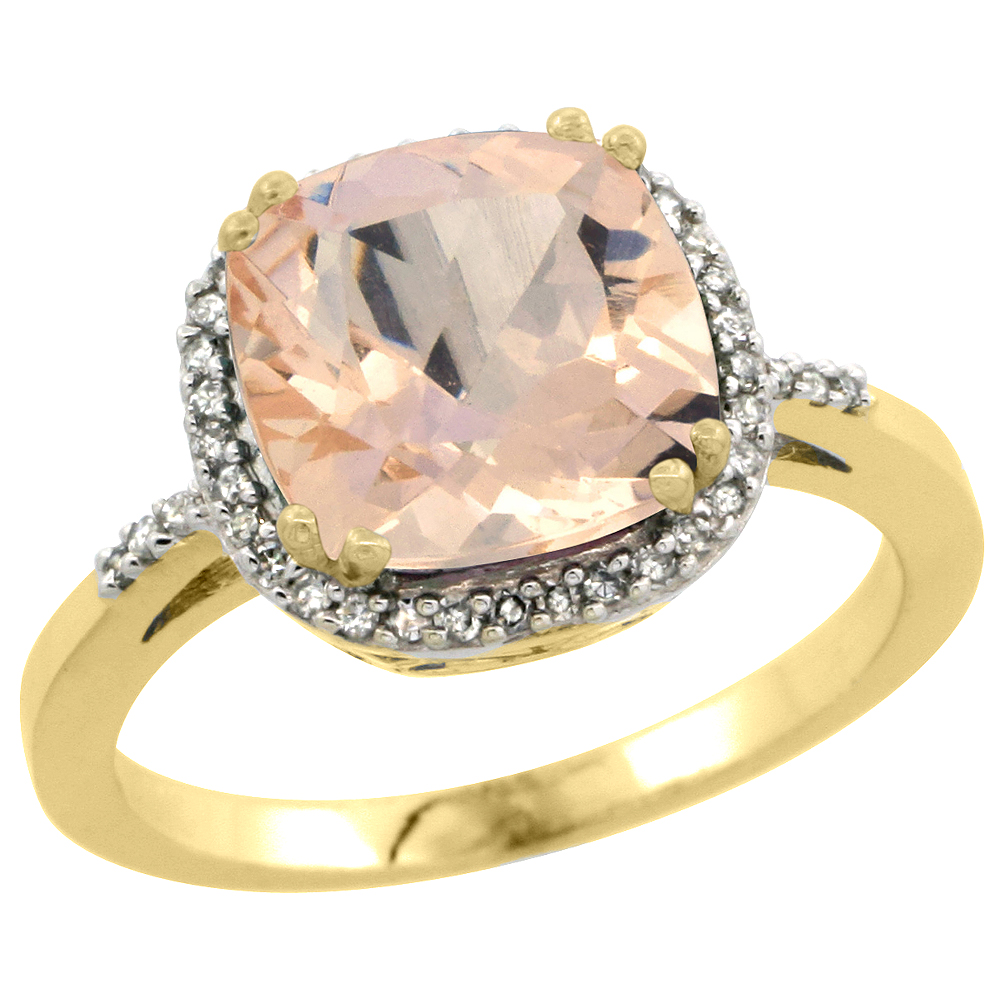 14K Yellow Gold Diamond Natural Morganite Ring Cushion-cut 9x9mm, sizes 5-10