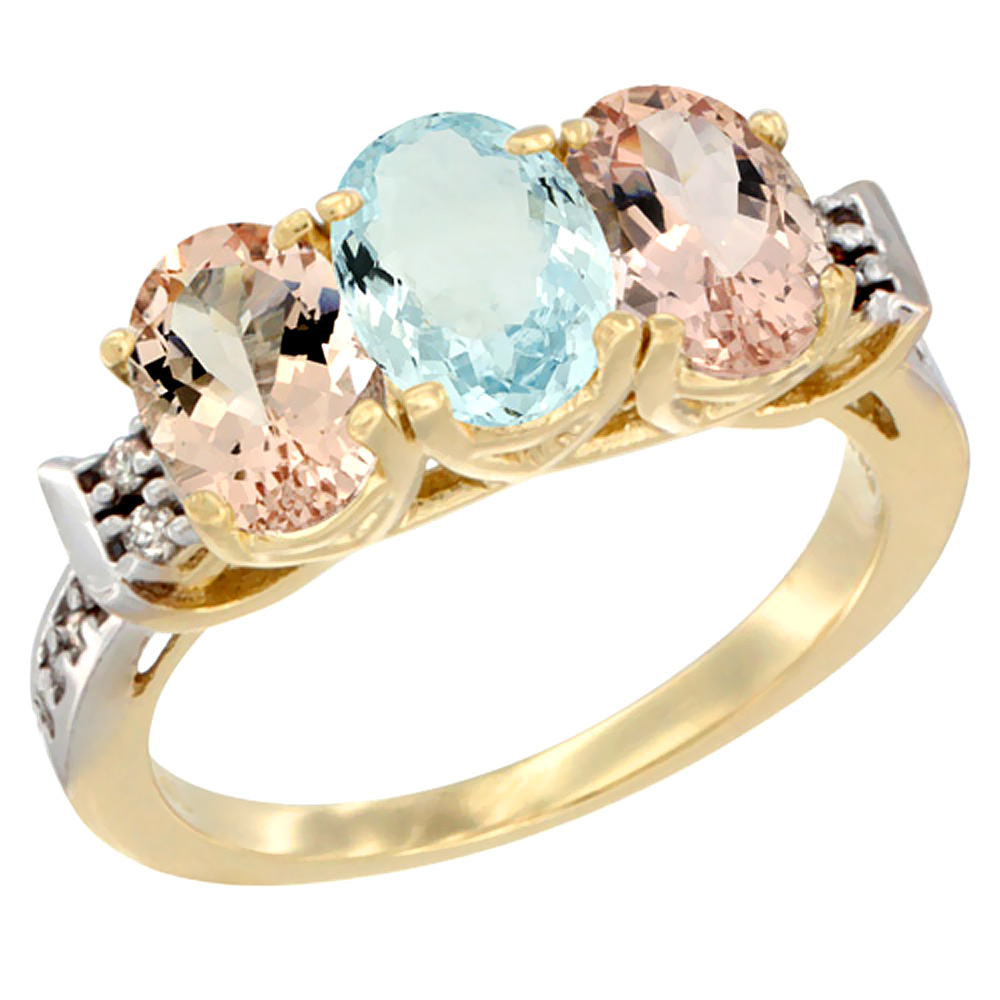 14K Yellow Gold Natural Aquamarine & Morganite Sides Ring 3-Stone Oval 7x5 mm Diamond Accent, sizes 5 - 10