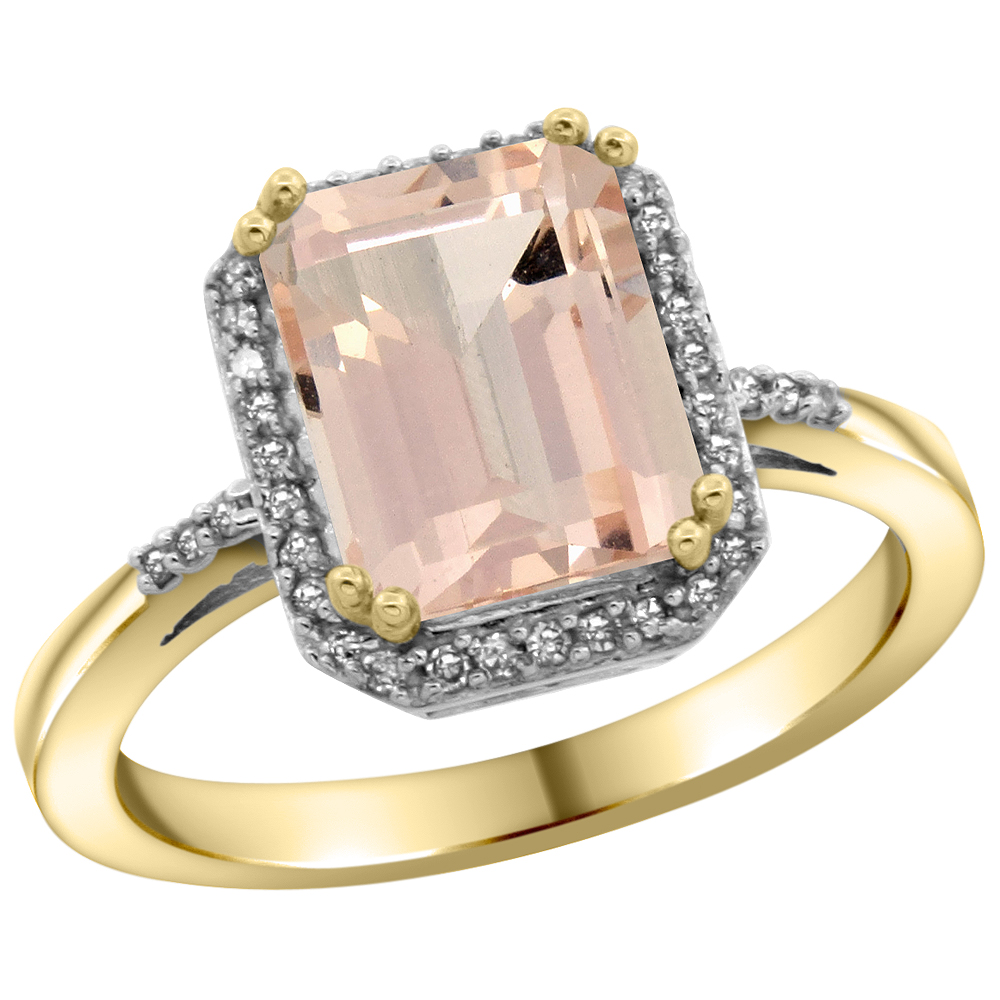 14K Yellow Gold Diamond Natural Morganite Ring Emerald-cut 9x7mm, sizes 5-10