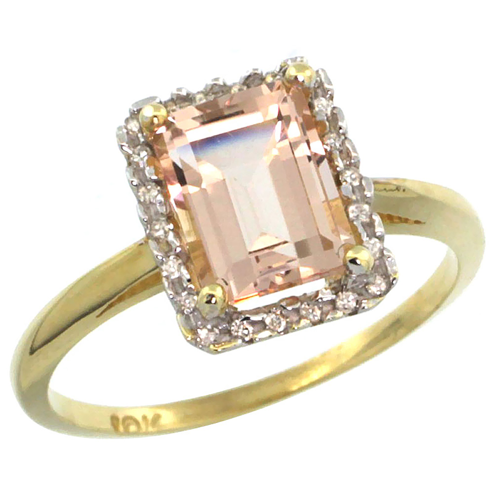 10K Yellow Gold Diamond Natural Morganite Ring Emerald-cut 8x6mm, sizes 5-10