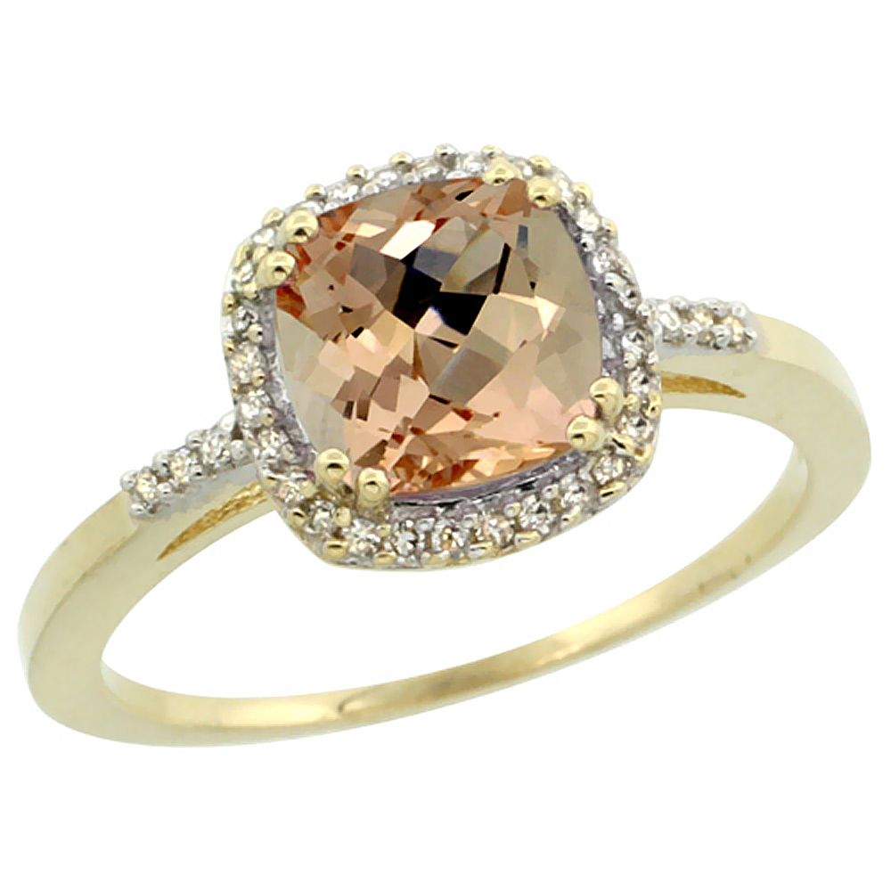 10K Yellow Gold Diamond Natural Morganite Ring Cushion-cut 7x7mm, sizes 5-10