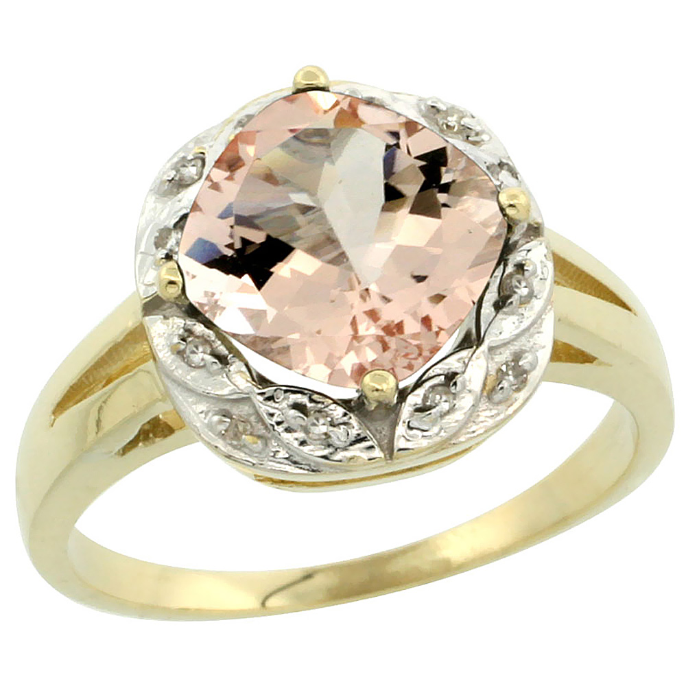 14K Yellow Gold Natural Morganite Ring Cushion-cut 8x8mm Diamond Halo, sizes 5-10