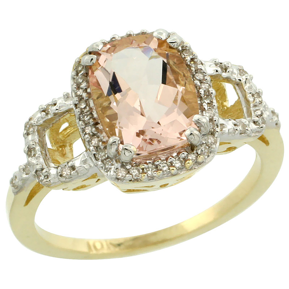 10K Yellow Gold Natural Diamond Morganite Ring Cushion-cut 9x7mm, sizes 5-10