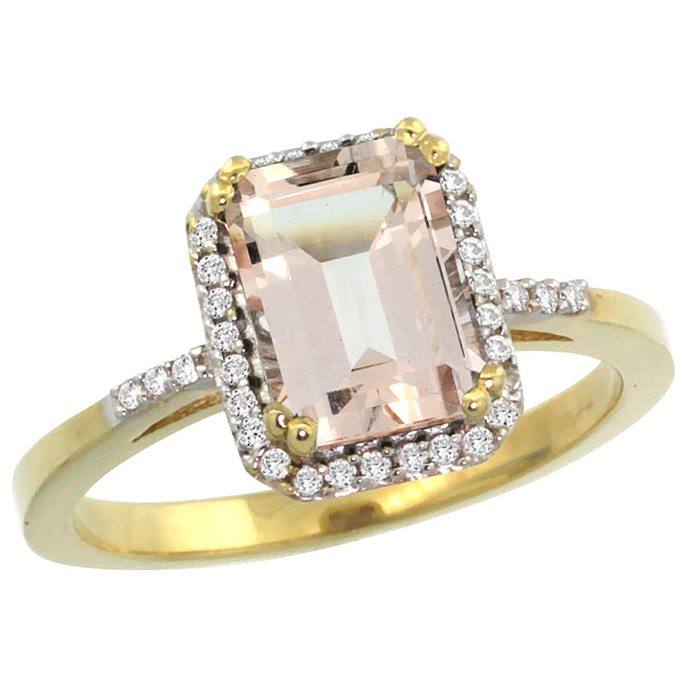 10K Yellow Gold Diamond Natural Morganite Ring Emerald-cut 8x6mm, sizes 5-10