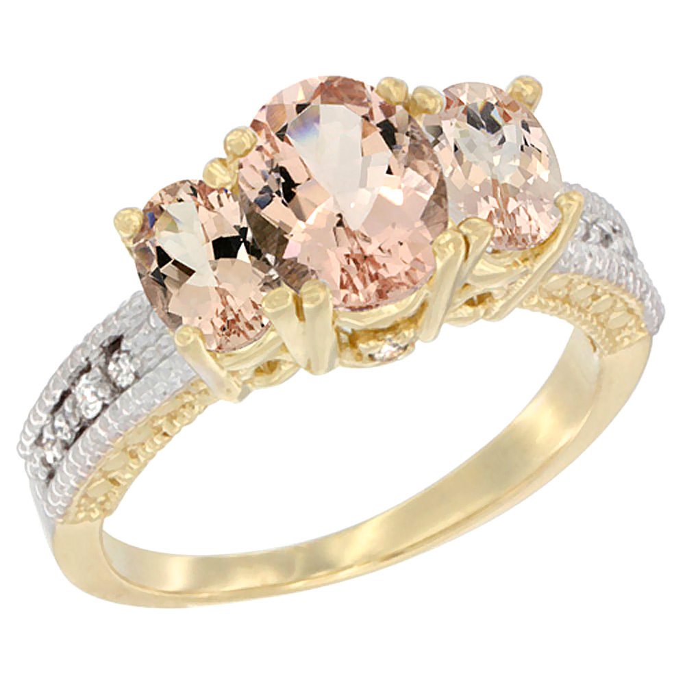 14K Yellow Gold Diamond Natural Morganite Oval 3-stone Ring, sizes 5 - 10