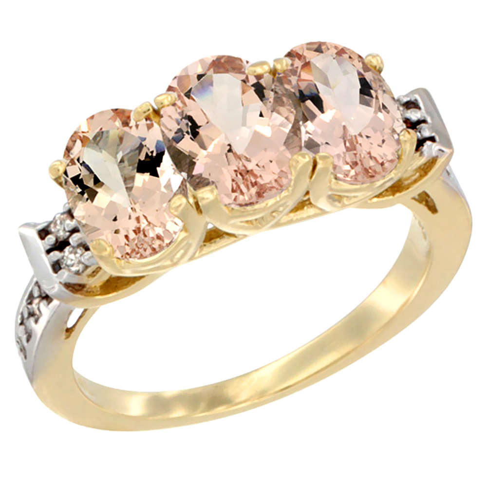 14K Yellow Gold Natural Morganite Ring 3-Stone Oval 7x5 mm Diamond Accent, sizes 5 - 10