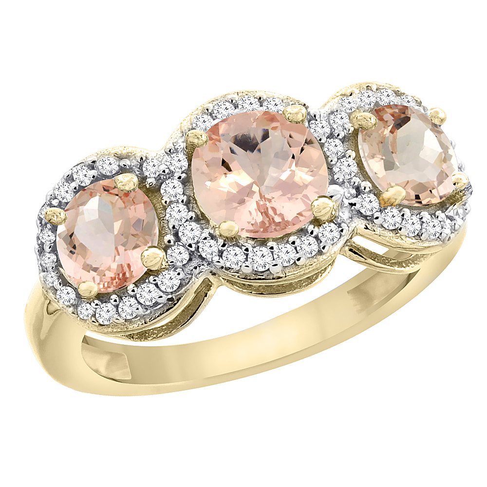 14K Yellow Gold Natural Morganite Round 3-stone Ring Diamond Accents, sizes 5 - 10