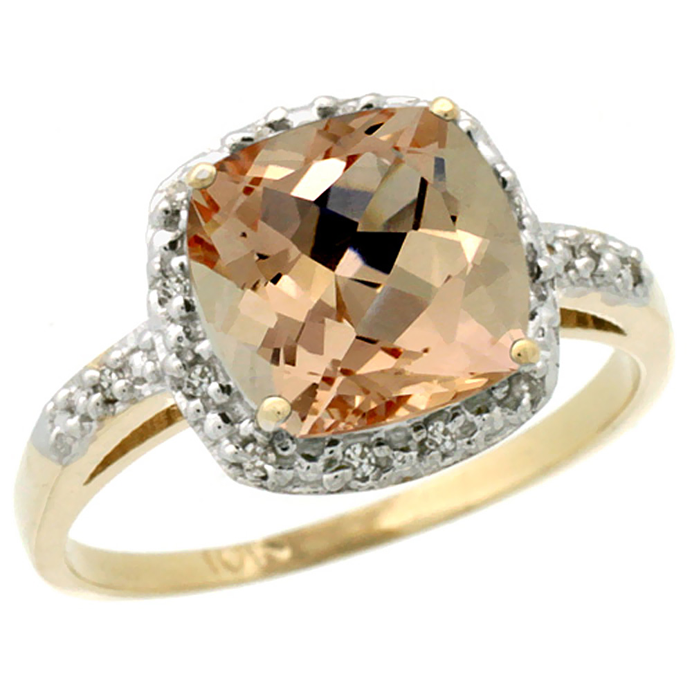 14K Yellow Gold Diamond Natural Morganite Ring Cushion-cut 8x8 mm, sizes 5-10