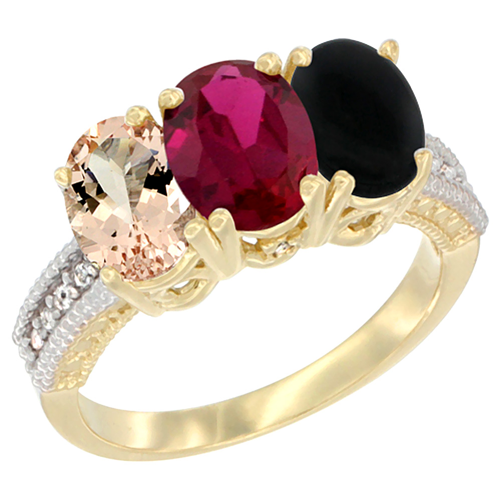 10K Yellow Gold Natural Morganite, Enhanced Ruby & Black Onyx Ring 3-Stone Oval 7x5 mm, sizes 5 - 10