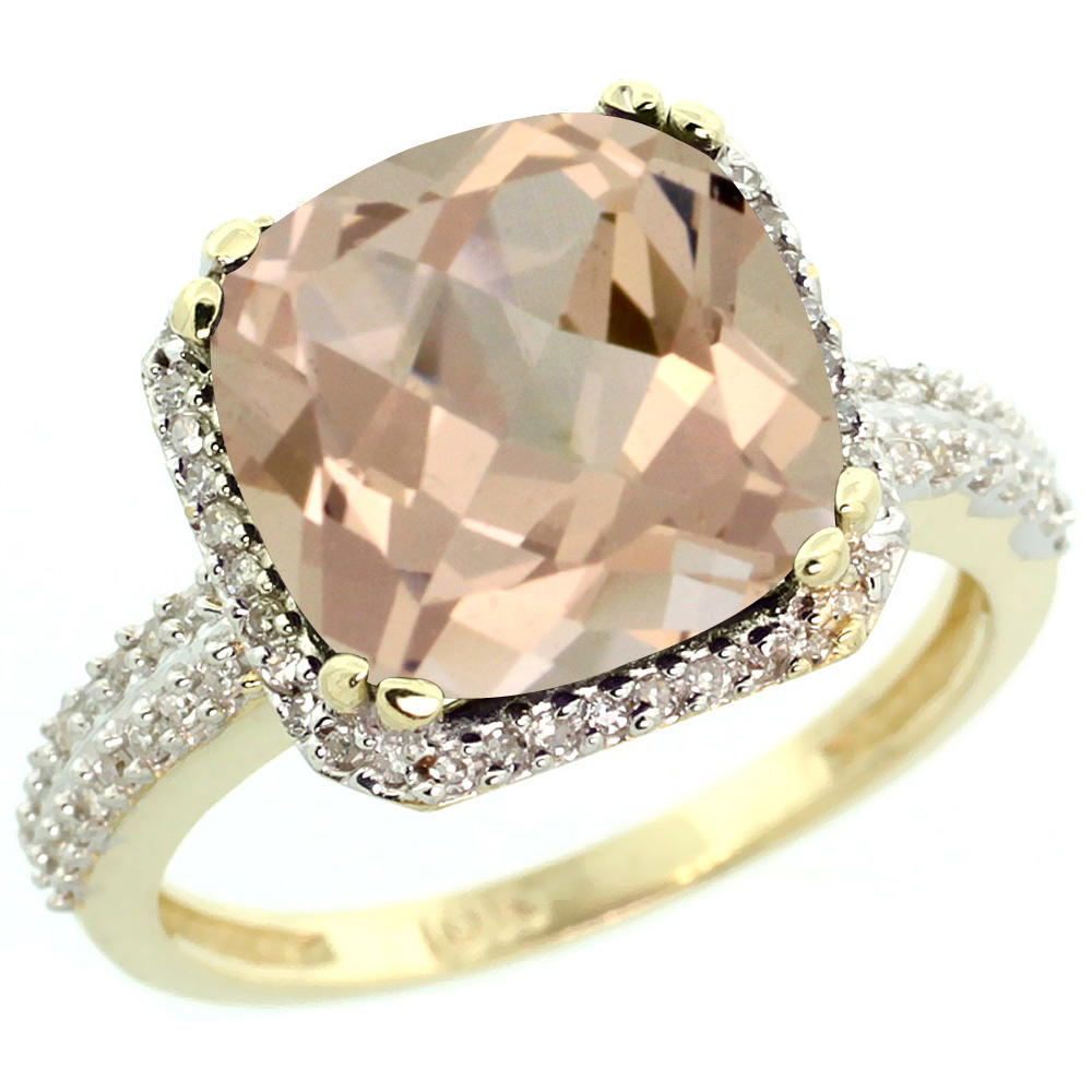 14K Yellow Gold Natural Morganite Ring Cushion-cut 11x11mm Diamond Halo, sizes 5-10