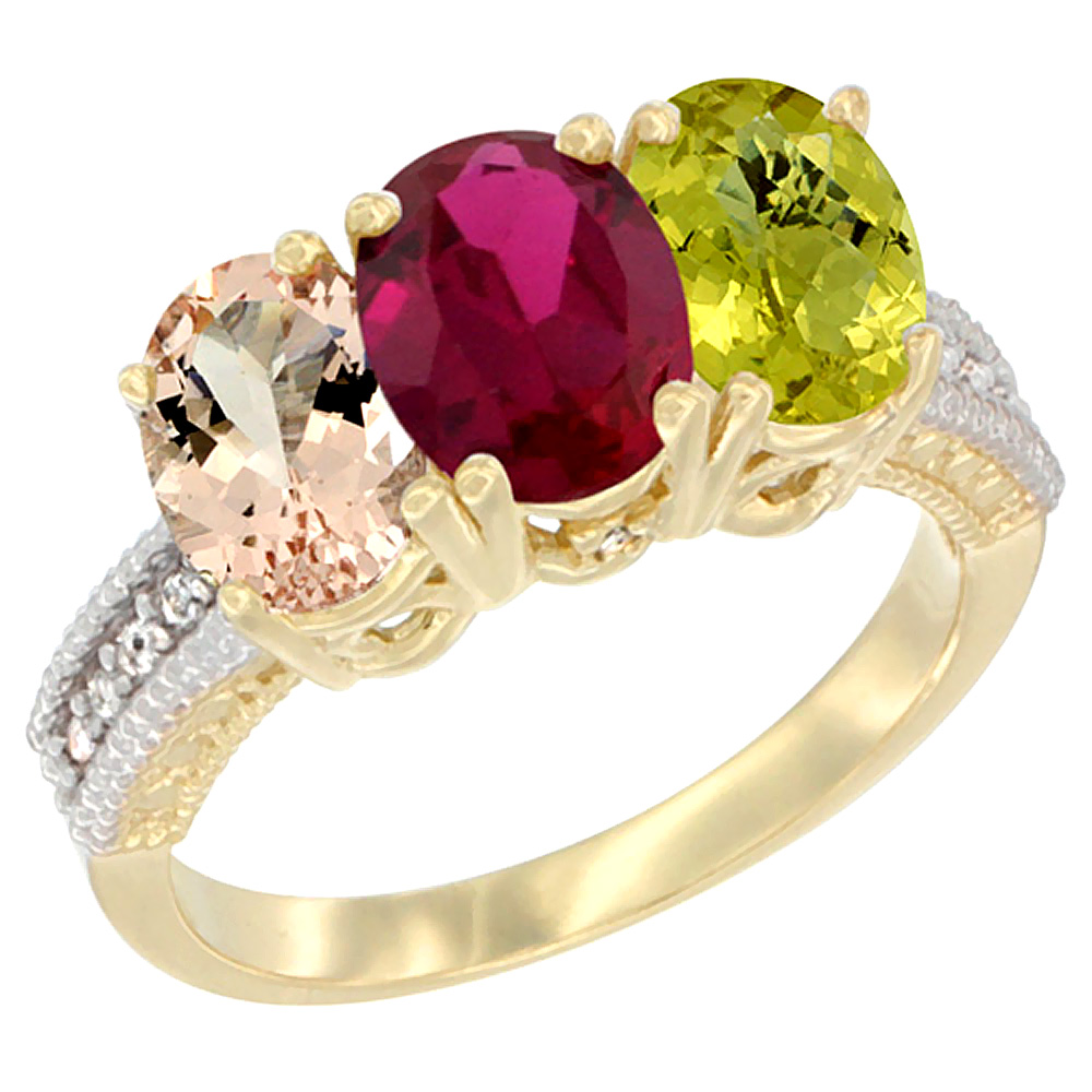 14K Yellow Gold Natural Morganite, Enhanced Ruby & Natural Lemon Quartz Ring 3-Stone Oval 7x5 mm Diamond Accent, sizes 5 - 10