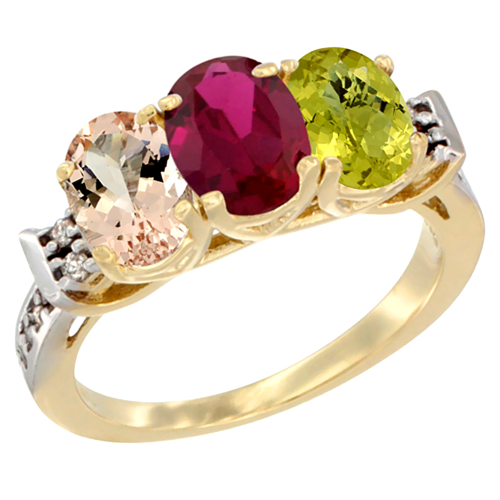 14K Yellow Gold Natural Morganite, Enhanced Ruby & Natural Lemon Quartz Ring 3-Stone Oval 7x5 mm Diamond Accent, sizes 5 - 10