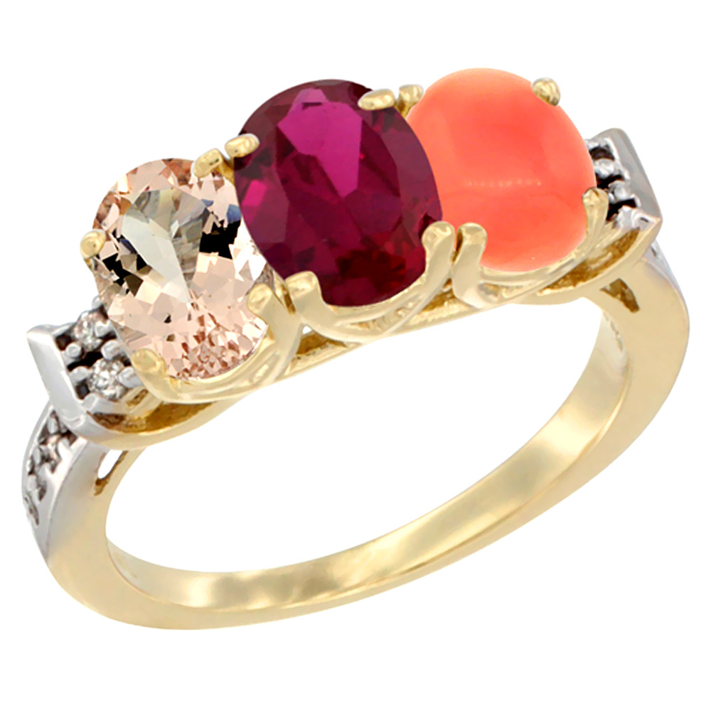 14K Yellow Gold Natural Morganite, Enhanced Ruby & Natural Coral Ring 3-Stone Oval 7x5 mm Diamond Accent, sizes 5 - 10