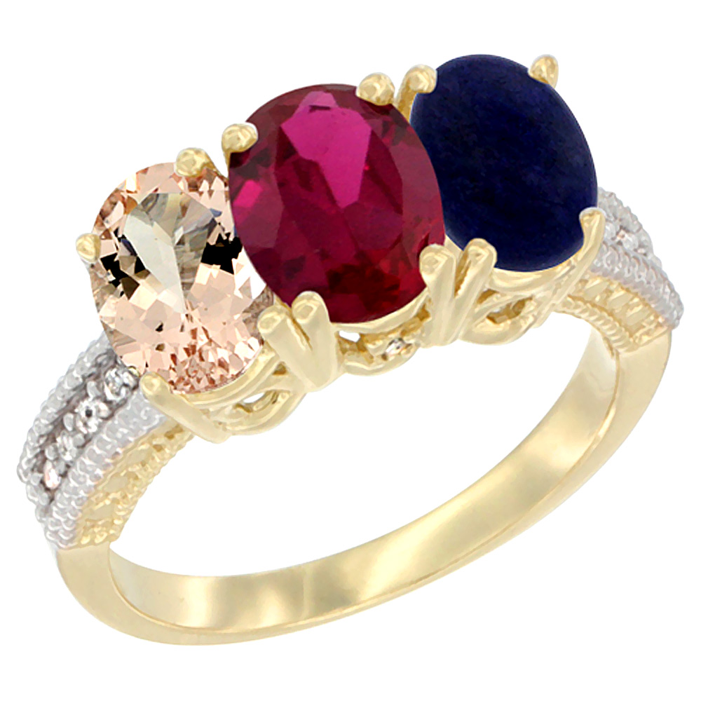 10K Yellow Gold Natural Morganite, Enhanced Ruby & Lapis Ring 3-Stone Oval 7x5 mm, sizes 5 - 10