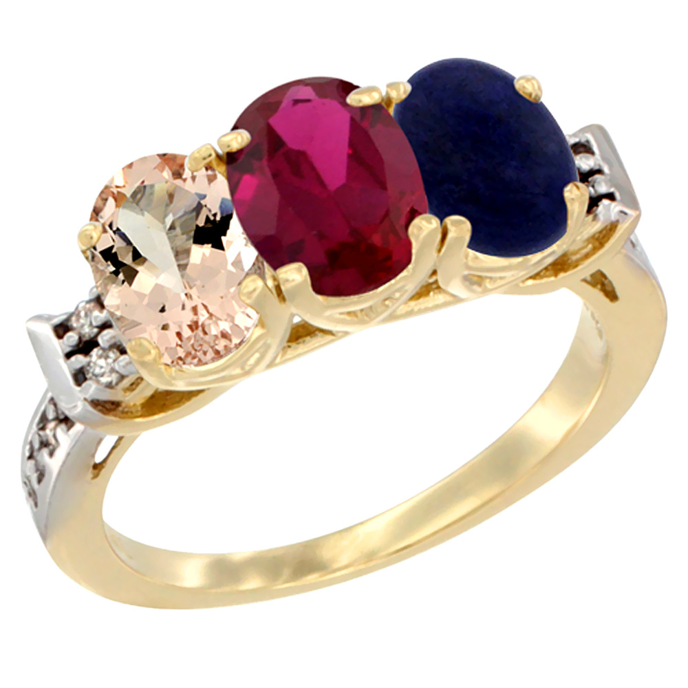 14K Yellow Gold Natural Morganite, Enhanced Ruby & Natural Lapis Ring 3-Stone Oval 7x5 mm Diamond Accent, sizes 5 - 10