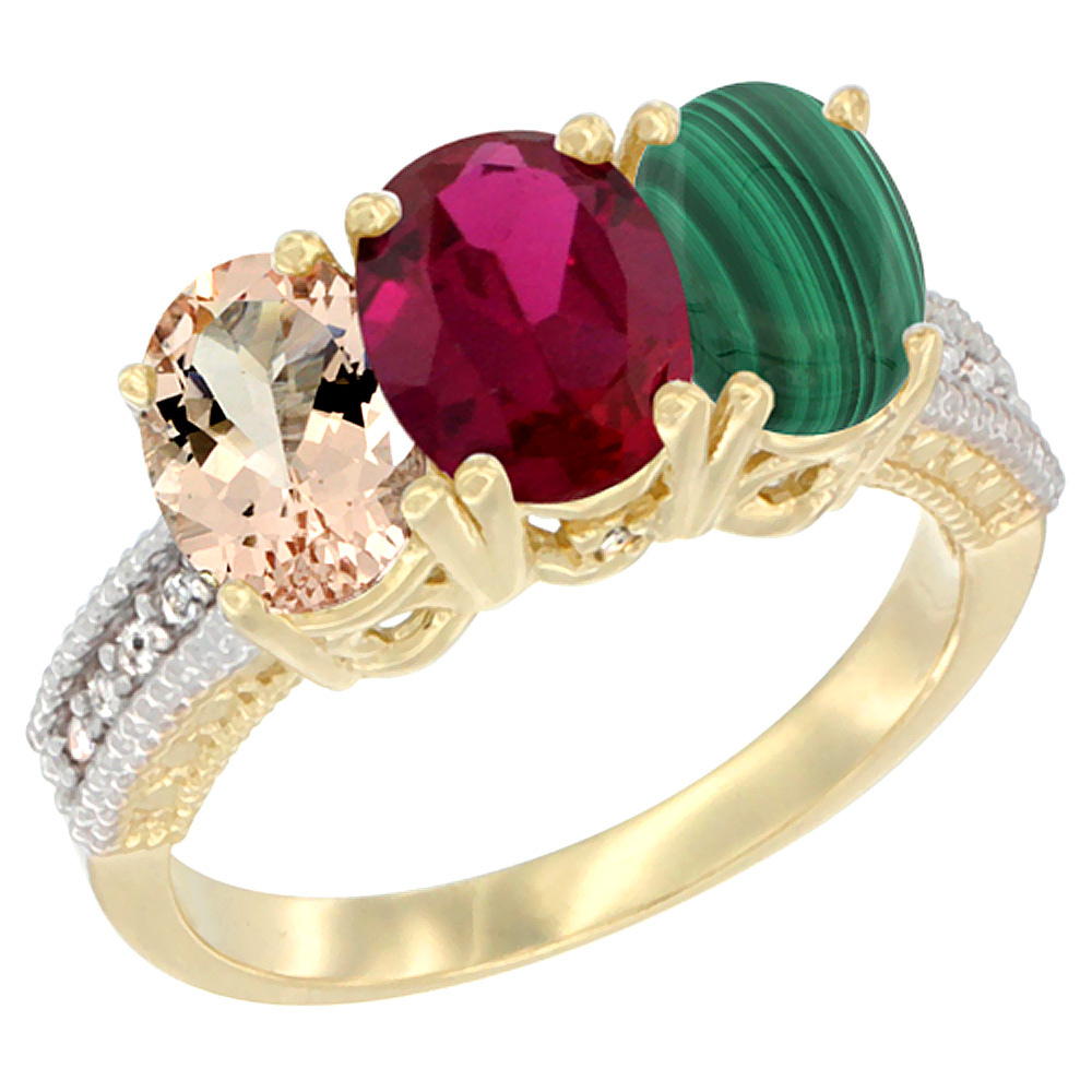 10K Yellow Gold Natural Morganite, Enhanced Ruby & Malachite Ring 3-Stone Oval 7x5 mm, sizes 5 - 10